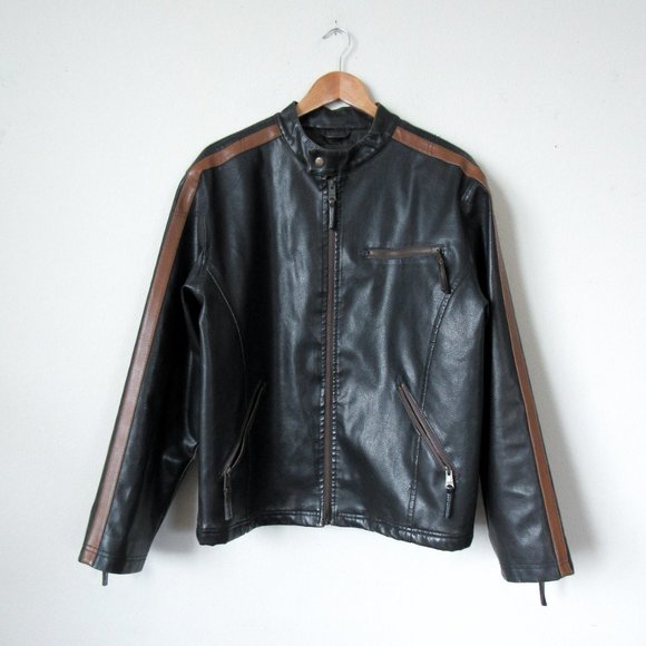 VINTAGE 90s Faux Leather Moto Jacket Sporty Stripes Size Men's M or Womens M/L - Picture 15 of 16